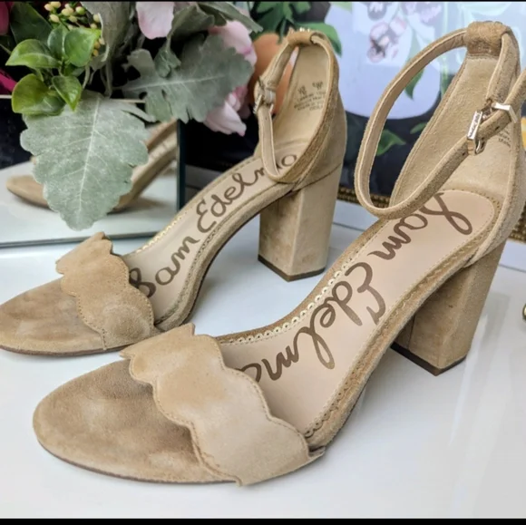 Sam Edelman 7M Womens Scalloped Heel Sandals Camel Suede Nude - Picture 4 of 8